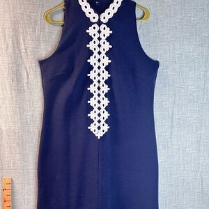 Lilly Pulitzer Callista Shift Dress Navy Blue White Lace High Neck Mini 2zippers